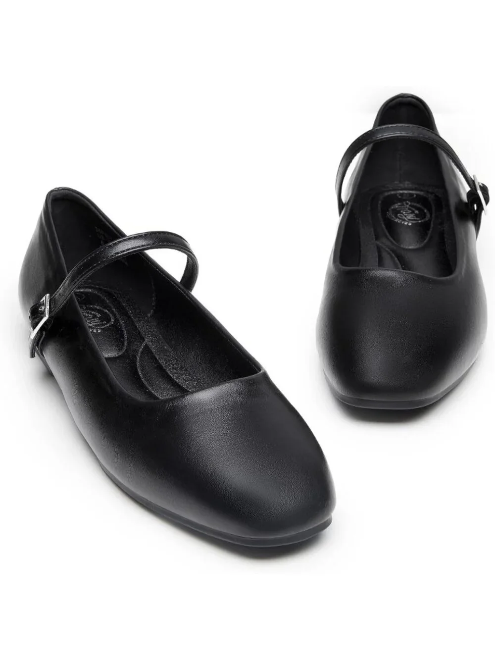 Women's Black Square Toe With Adjustable Buckle Strap Ballet Flat Slip On Shoes